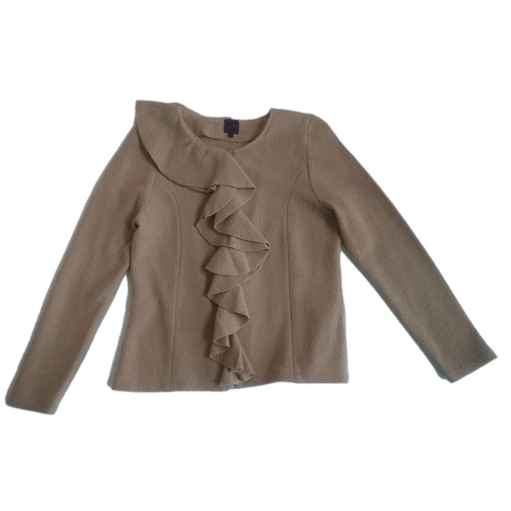 Ladies Colour Works Tan 100% Wool Ruffle & Zip Front Cardigan Jacket Size L